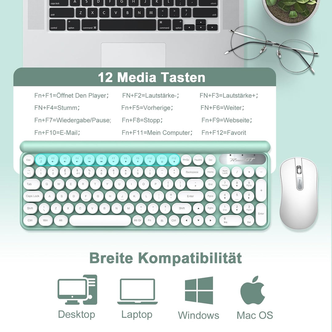 RaceGT Funk Tastatur Maus Set 2.4G Retro Rund QWERTZ Numblock Leise Kompakt Grün&amp;Weiss, Grün&amp;Weiss