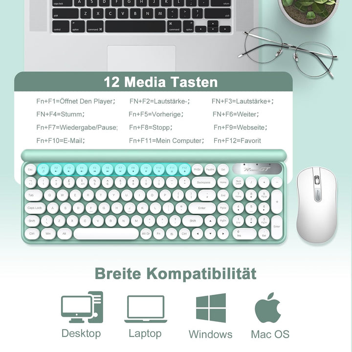 RaceGT Funk Tastatur Maus Set 2.4G Retro Rund QWERTZ Numblock Leise Kompakt Grün&amp;Weiss, Grün&amp;Weiss
