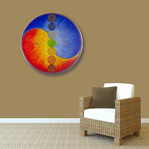 Wandbild Yin Yang mit 7 Chakra Symbolen - Grösse 80 cm rund - HANDGEMALT - Acrylfarbe auf Leinwand -