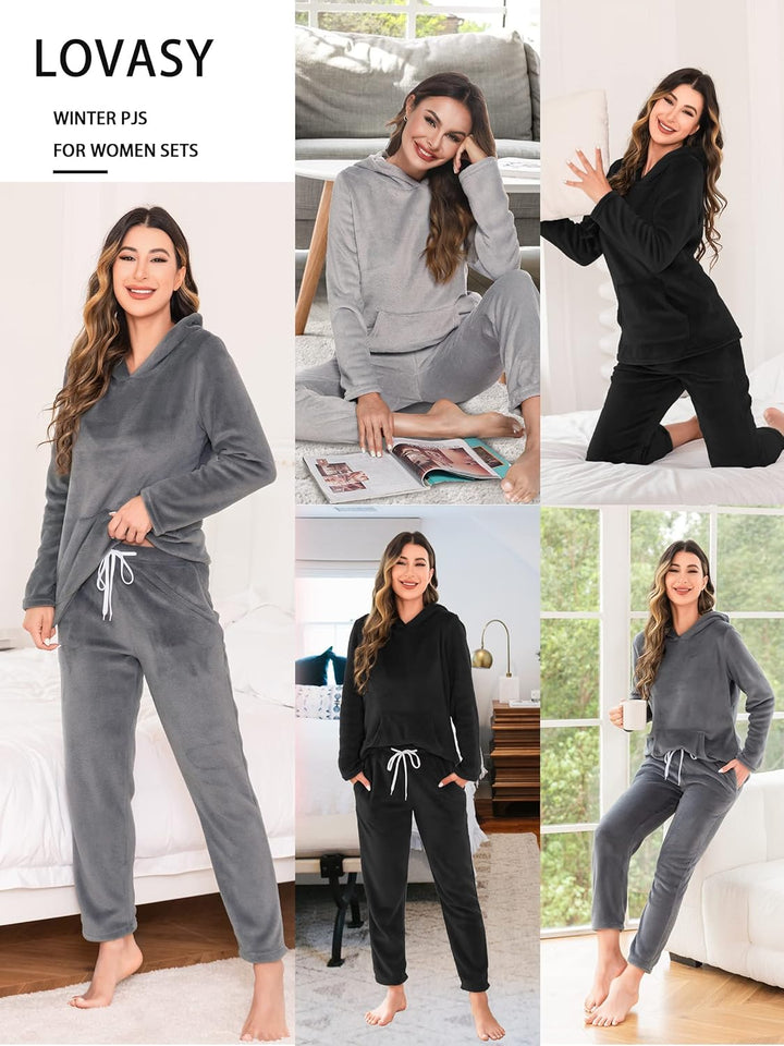 Lovasy Fleece Schlafanzug Damen Winter Lang Pyjama Set Warmer Flauschiger Frottee Schlafanzüge für D
