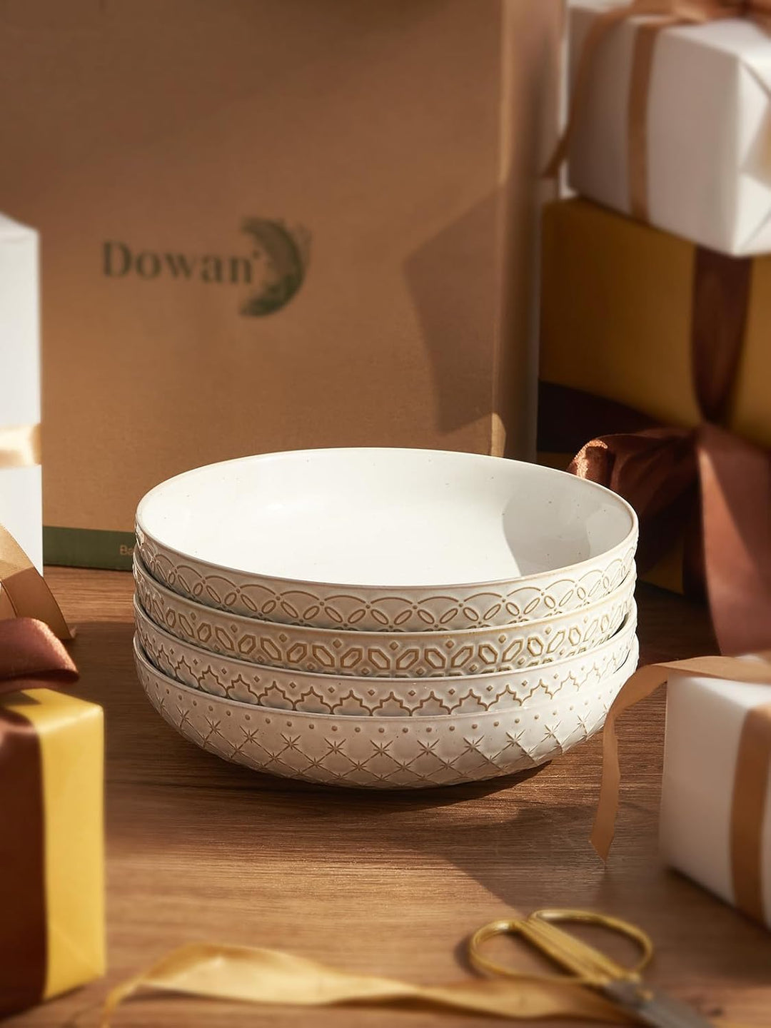 DOWAN Pastateller Gross Tief 4er Set, Ø 21,5 cm Porzellan Suppenteller Tief, Pastaschale Rund, Klass