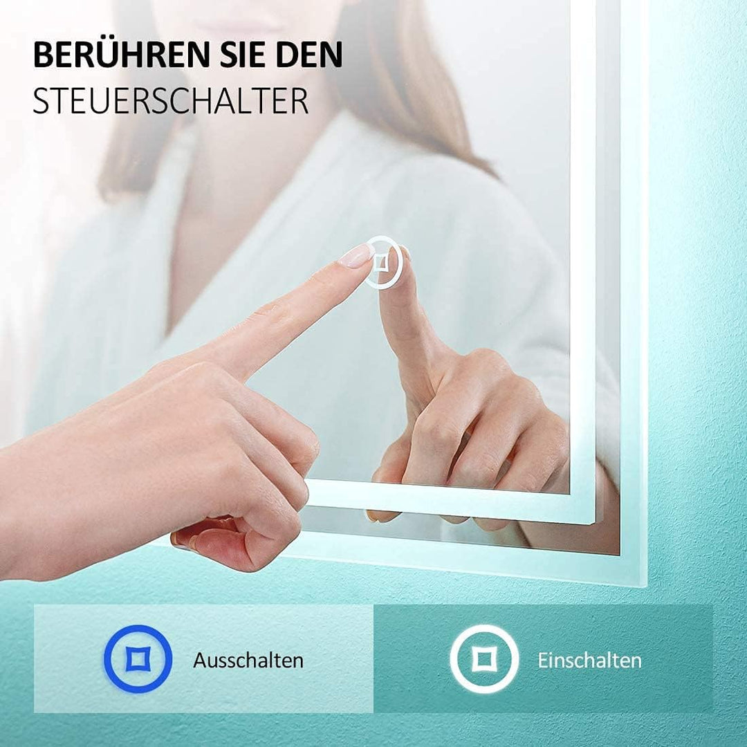 EMKE LED Badspiegel 80x60cm, Beleuchtung Touch+Beschlagfrei+3 Lichtfarbe Wandspiegel IP44 energiespa
