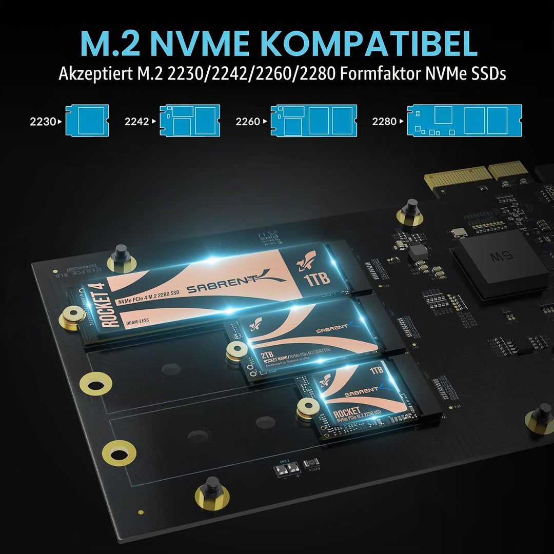 SABRENT PCIe 3.0 x4 m.2 Adapter Karte mit 10GbE, 3× NVMe SSD Slots, Aluminium-Kühlkörper, unterstütz