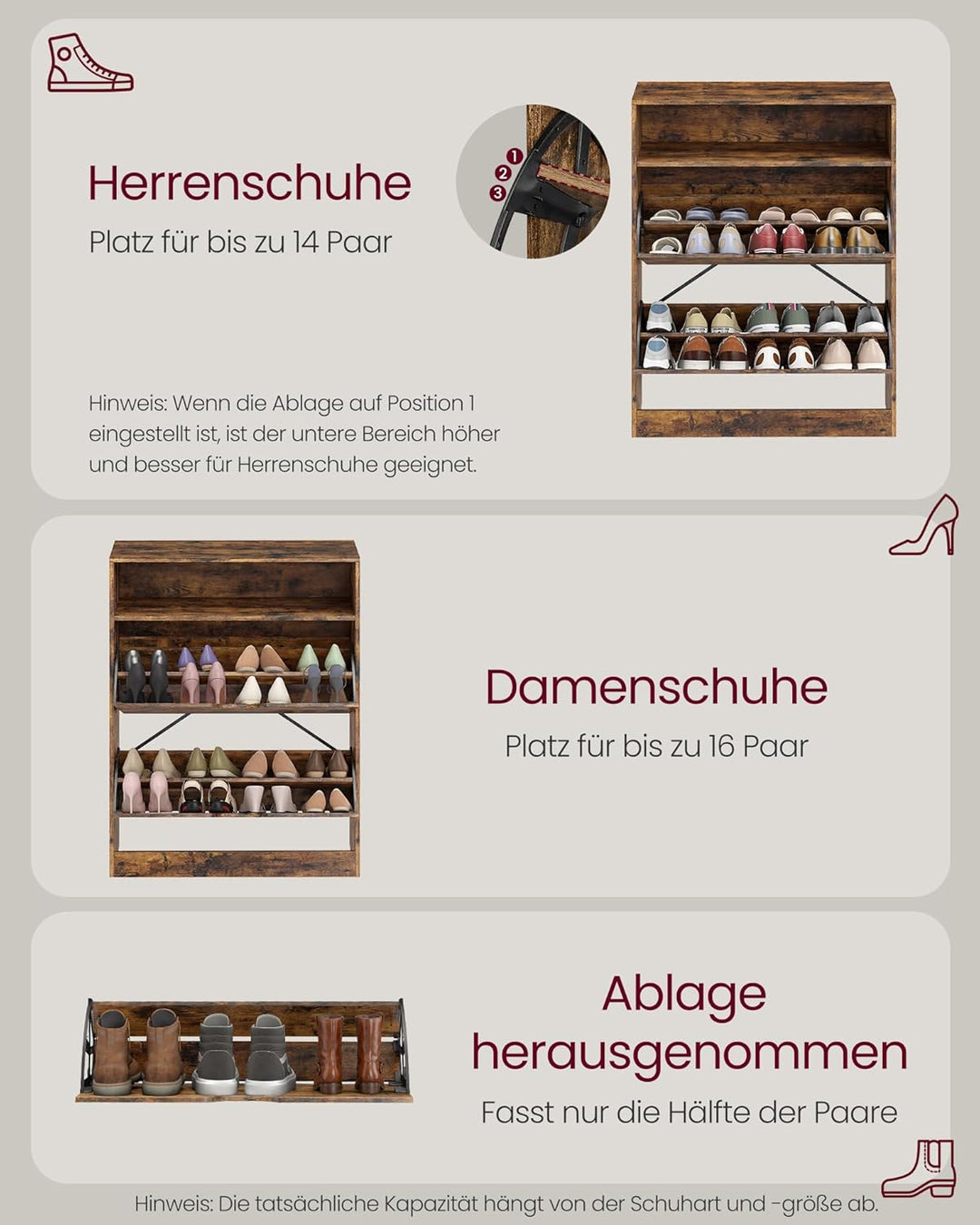 VASAGLE Schuhschrank 2 Klappen, Schuhkipper, Schuhregal, Schuhaufbewahrung, offenes Fach, Trennwand