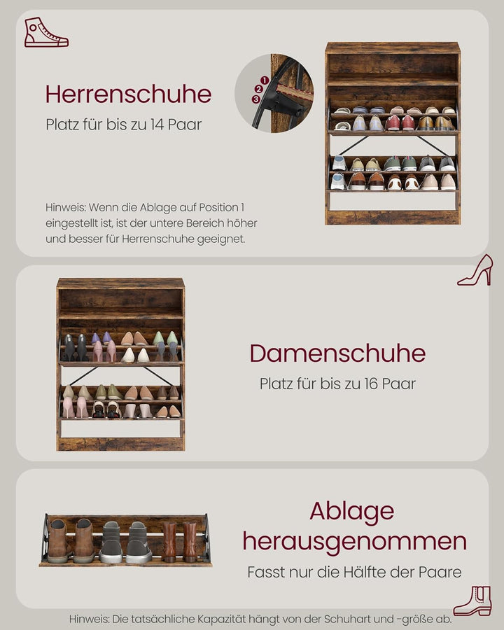 VASAGLE Schuhschrank 2 Klappen, Schuhkipper, Schuhregal, Schuhaufbewahrung, offenes Fach, Trennwand