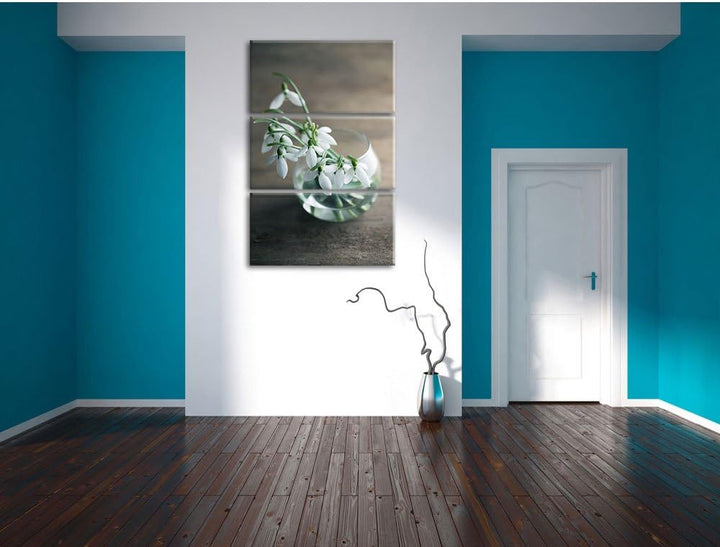 Pixxprint Schneeglöckchen in der Vase als Leinwandbild/Grösse: 3 Teilig (120x80) cm/Wandbild/Kunstdr
