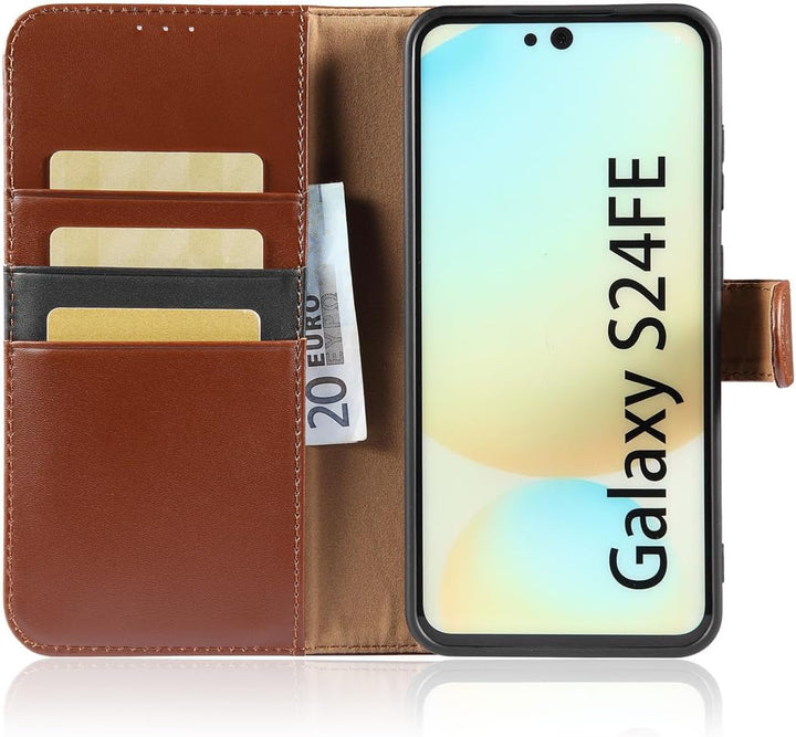 LENSUN Handyhülle für Samsung Galaxy S24 FE Echtleder, Hülle [Echtes Leder][Wallet Funktion][Kartenf