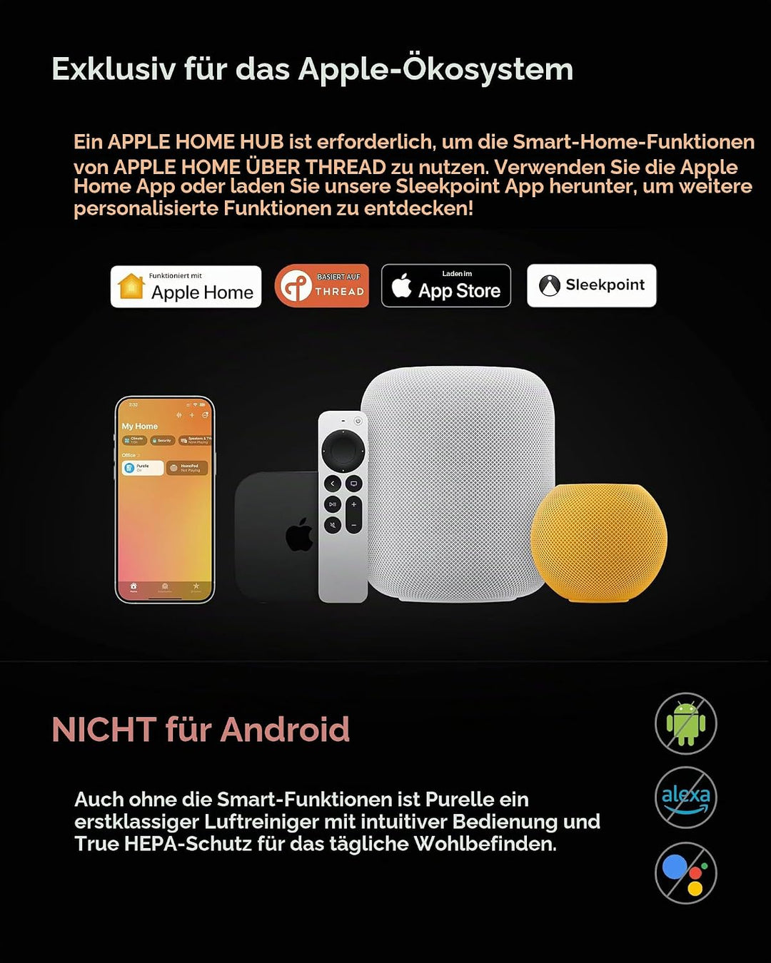 Airversa Smart Luftreiniger HomeKit 99,99% PM2.5 bis 100 m² AP2 | Thread, Siri, App, 23 dB Schlafmod