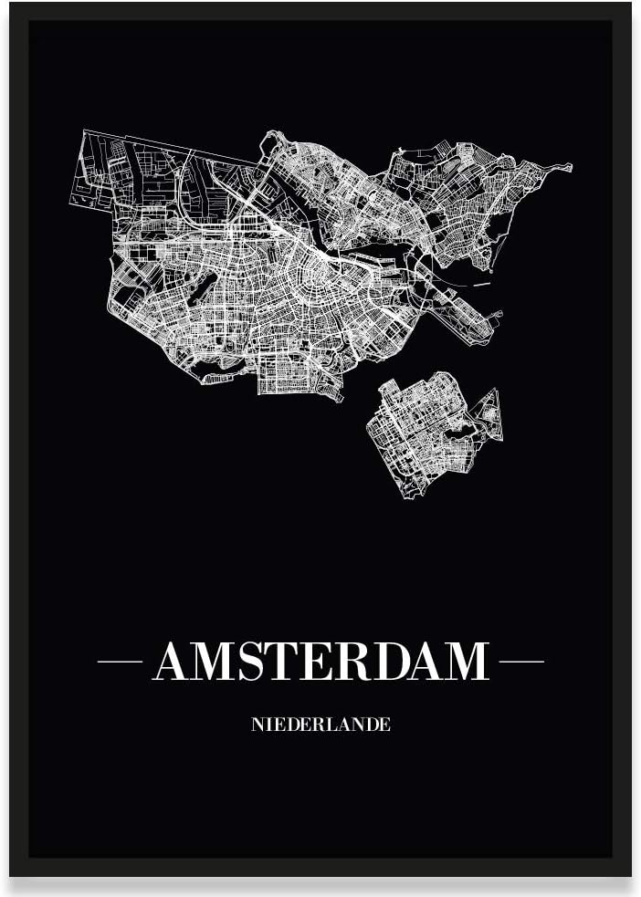 JUNIWORDS Stadtposter, Amsterdam, Wähle eine Grösse, 30 x 40 cm, Poster mit Rahmen, Schrift A, Schwa
