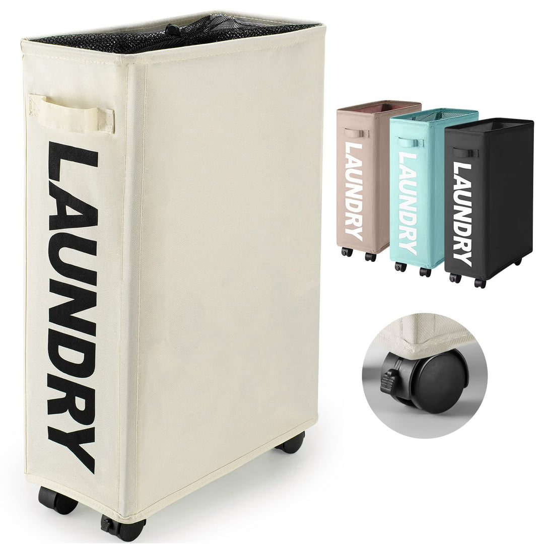 Rieeyrslza Faltbarer Wäschekorb mit Rollen 45L Schmaler Oxford-Stoff Faltbarer Wäschekorb dünner Wäs