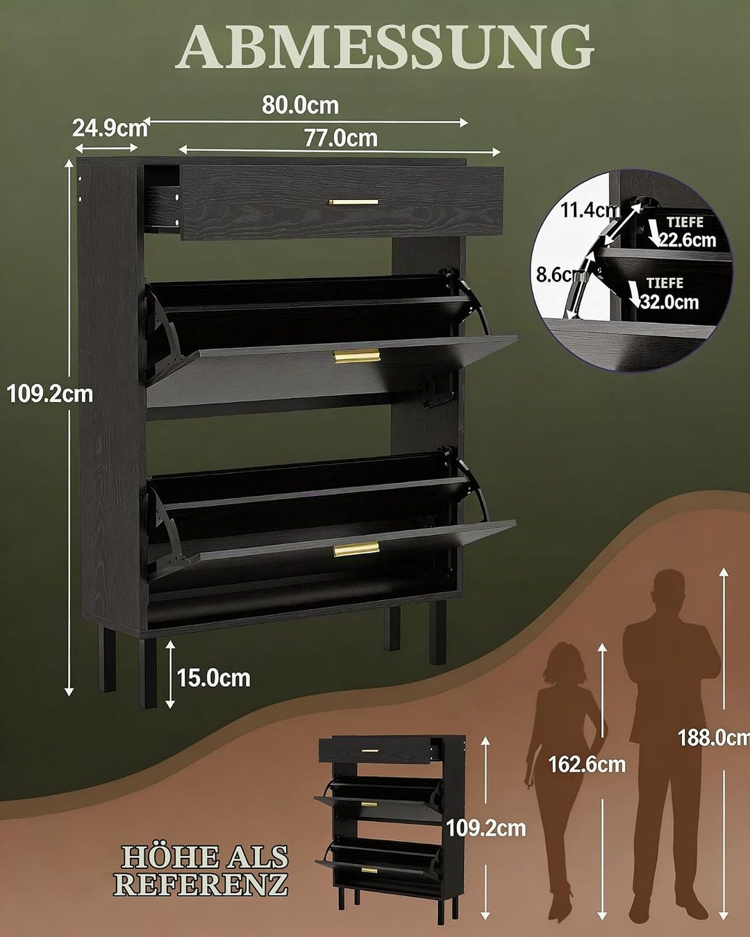 Platzsparender Schmaler Schuhschrank, 3 Schubladen, 3-Fach Verstellbare Einlegeböden, Aus Holz, Frei