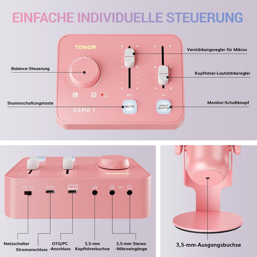 TONOR Podcast Mikrofon Set mit Audio Interface, ASMR Mikrofon, 2 Kondensatormikrofone, Audio Mixer,