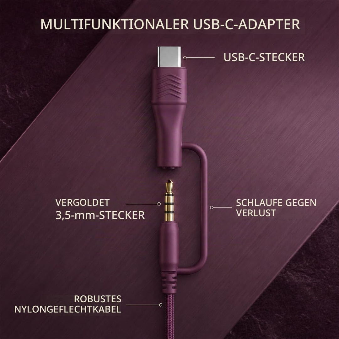 Kabel-Over-Ear-Kopfhörer, Mikro, 3,5 mm, USB-C-Adapter, Rot, Rot