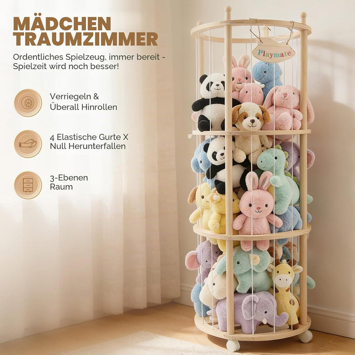 Kuscheltier Aufbewahrung, Stofftier-Aufbewahrung mit 360°Bremse-Ausgestattete Räder, HolzAufbewahrun