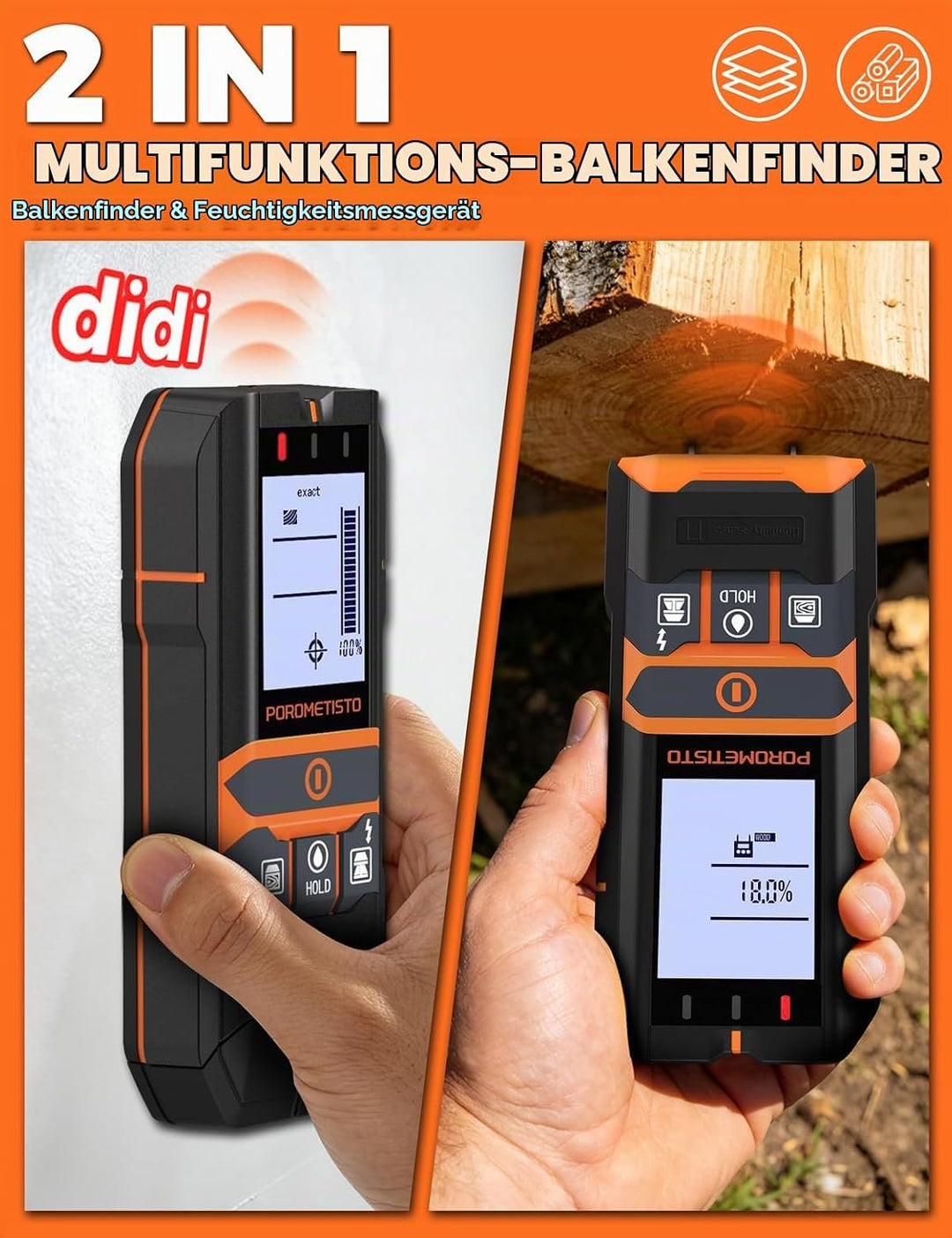 2-in-1 Stud Finder mit Feuchtemesser DSF06 für Holz, Metall, AC-Kabel | Wandscanner Metallortungsger