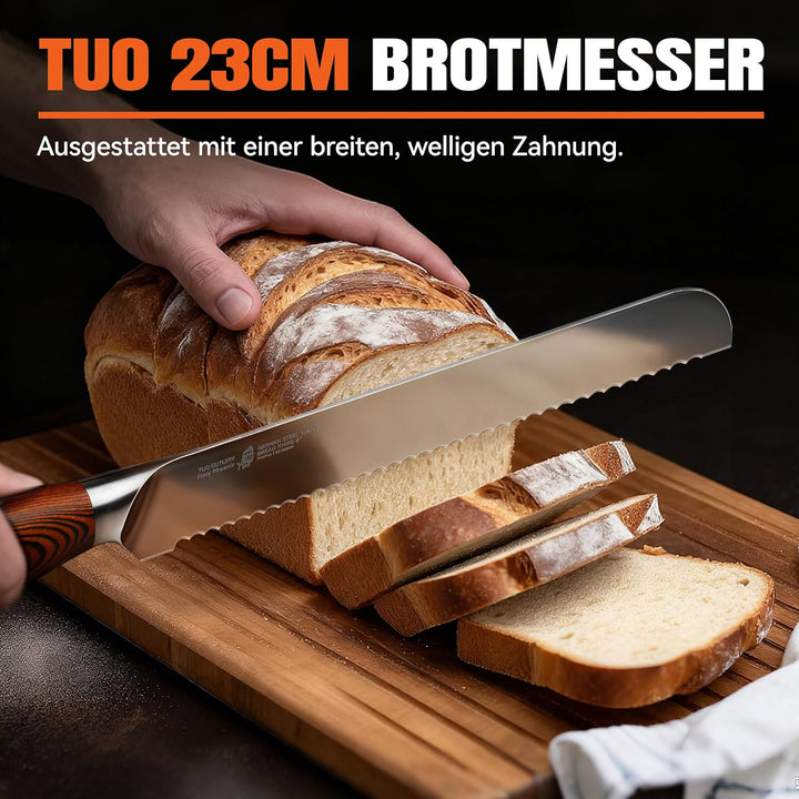 TUO Brotmesser mit Wellenschliff Klingenlänge 23cm, Scharfes Brotschneidemesser aus Deutschem Edelst