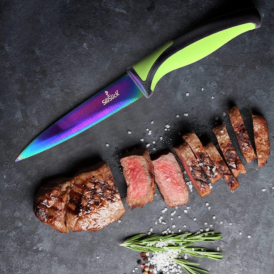 SiliSlick Steakmesser Set - Schillernd/Regenbogen Titanbeschichtete Edelstahlmesser - 5 Zoll / 12,7