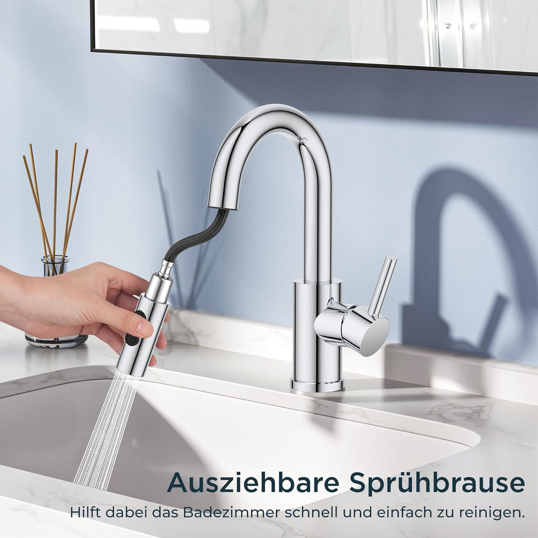 FORIOUS Wasserhahn Bad mit Ausziehbarer Brause, Edelstahl Waschtischarmatur Hoch mit 2 Strahlarten,