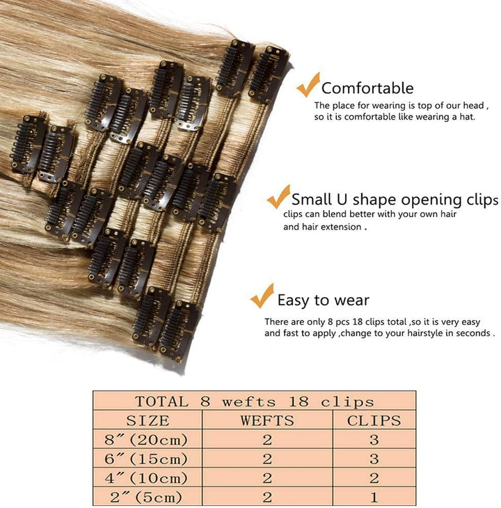 SEGO Clip in Extensions Echthaar 8 Pcs Remy Haarverlängerung Natürliche Haarteil glatt 100% Menschli
