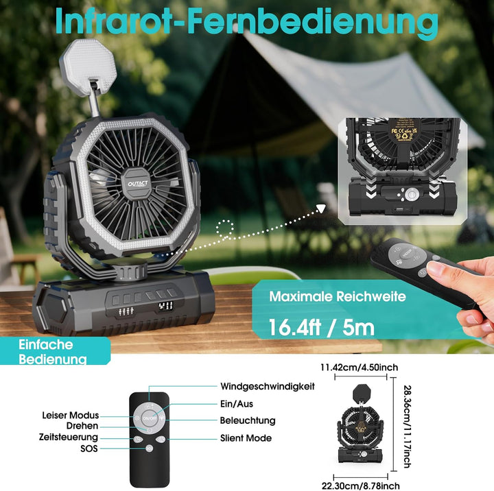 Camping Ventilator 20000mAh, Wiederaufladbarer Tischventilator USB Ventilator mit LED Licht & Haken,