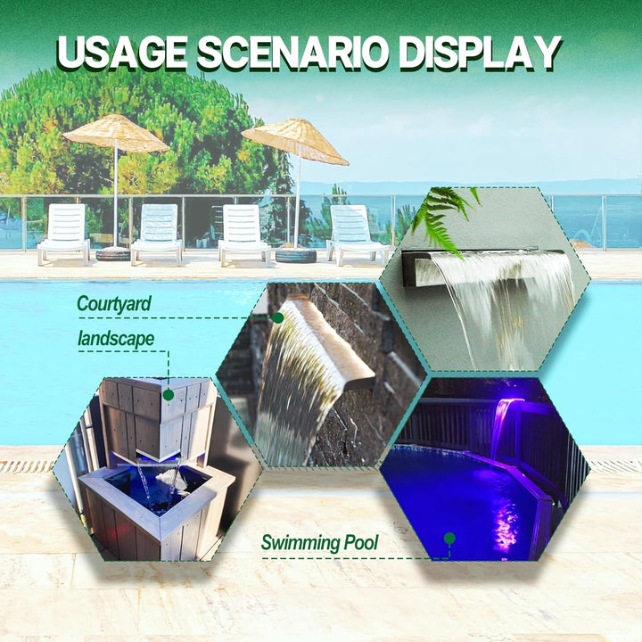 Longrun 60cm Teich Wasserfall Set, 304 Edelstahl Pool Wasserfall Brunnen mit RGB Bluetooth LED und F