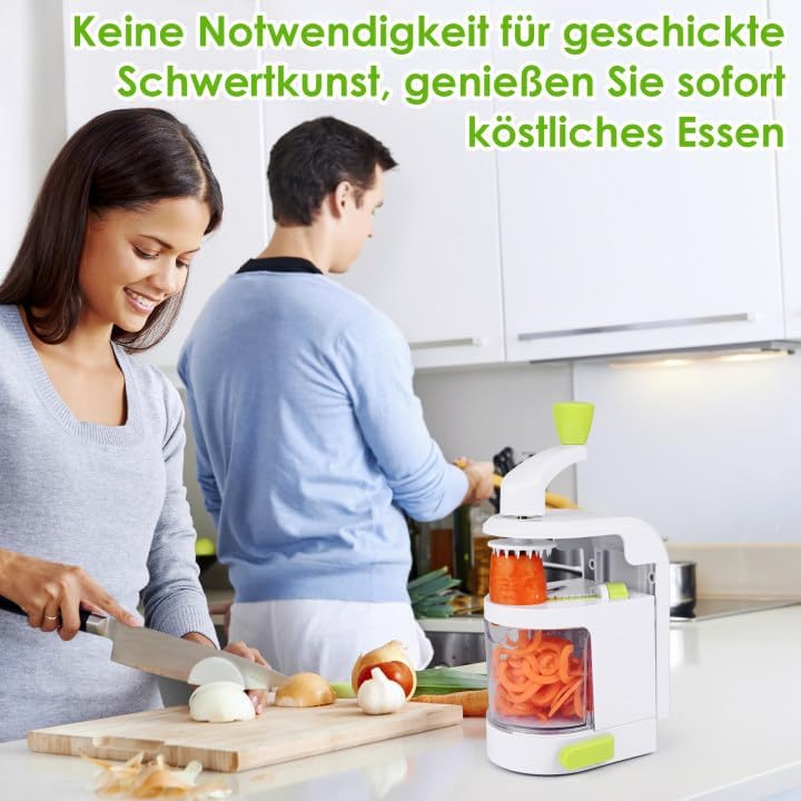 Spiralschneider Gemüse, 4 in 1 Zucchini Nudeln Spiralschneider mit Auffangbehälter, BPA-frei, Zucchi