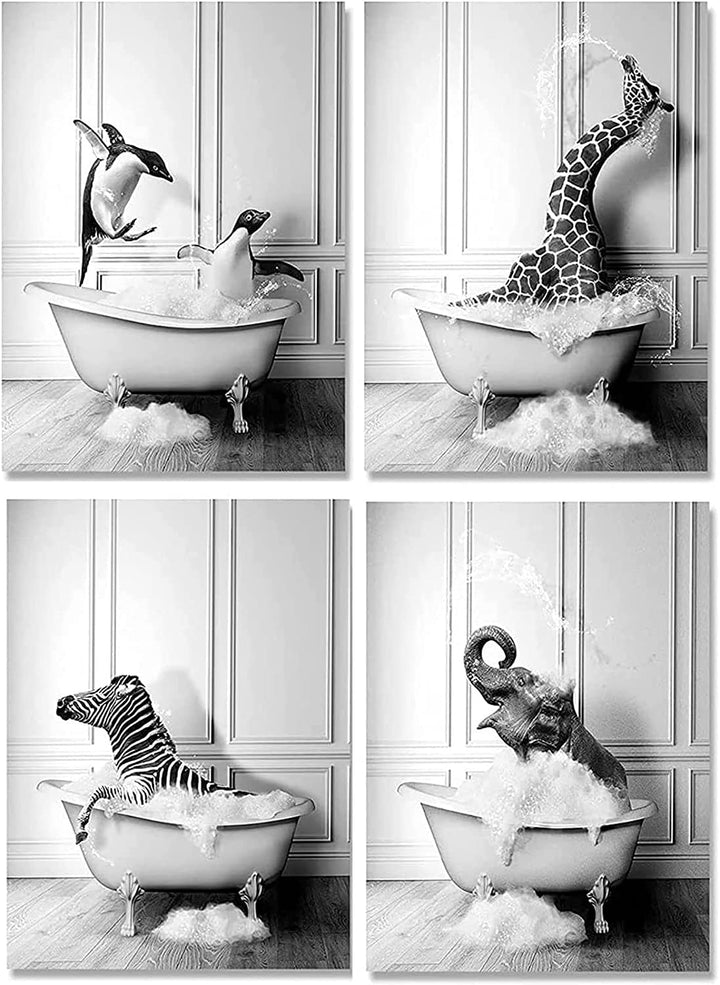 Tier Schwarz Weiss Wand Kunst Drucke, Leinwand Badezimmer Bilder Set Lustig Elefant Zebra Pinguine G
