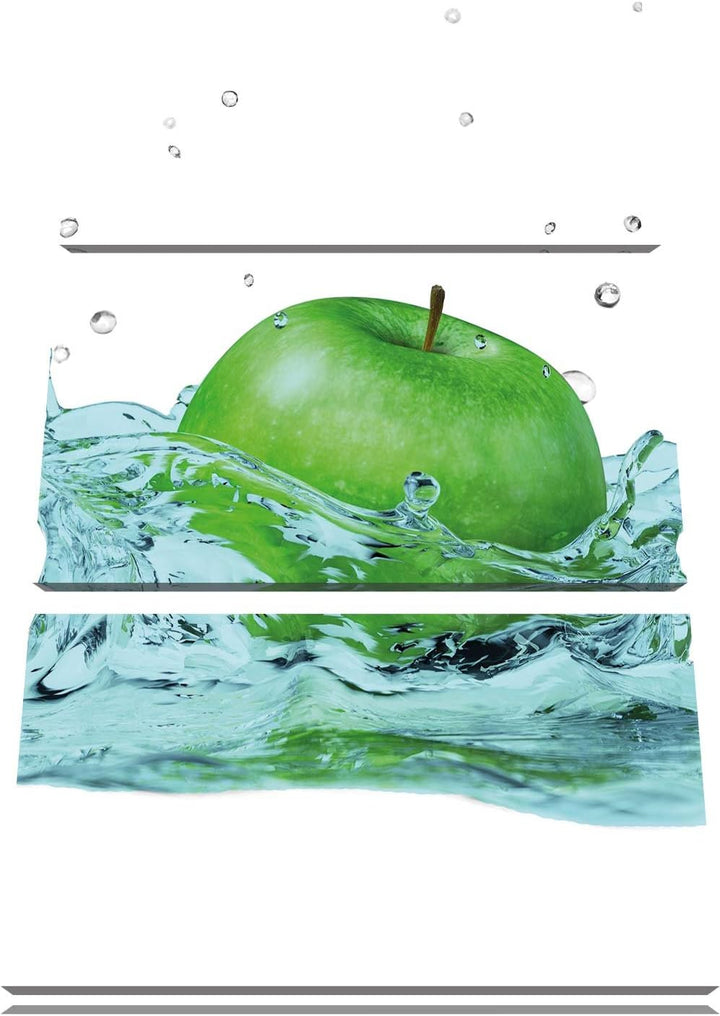 Pixxprint Grüner Apfel fällt in Wasser als Leinwandbild/Grösse: 3 Teilig (120x80) cm/Wandbild/Kunstd