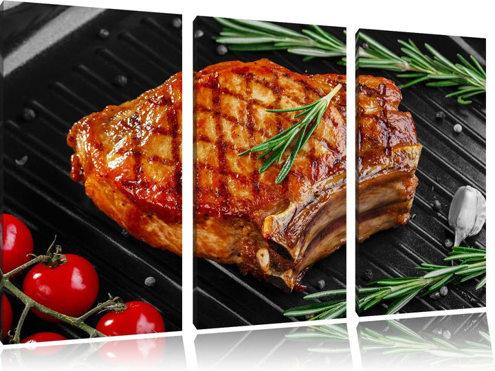 Pixxprint Rumpsteak auf Grill als Leinwandbild/Grösse: 3 Teilig (120x80) cm/Wandbild/Kunstdruck/fert