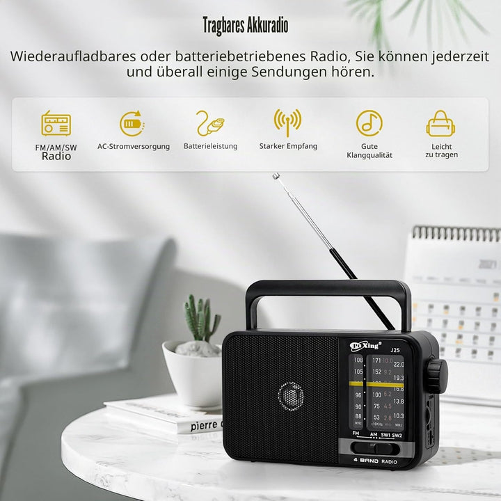 Tragbares FM AM Radio, Netz- und Akku-Radio für Zuhause oder Outdoor, kleine Tasche mit ausgezeichne