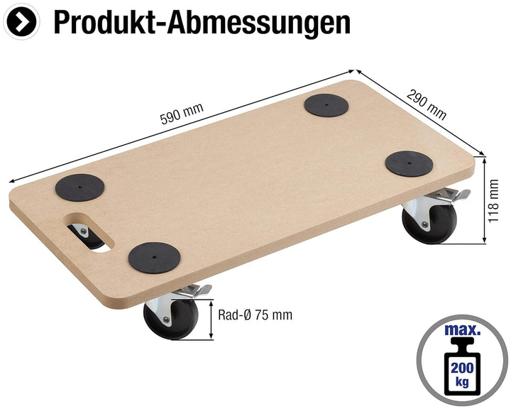 Metafranc Transportroller 590 x 290 mm - 200 kg Tragkraft - MDF-Platte - PP-Räder / Möbelroller mit