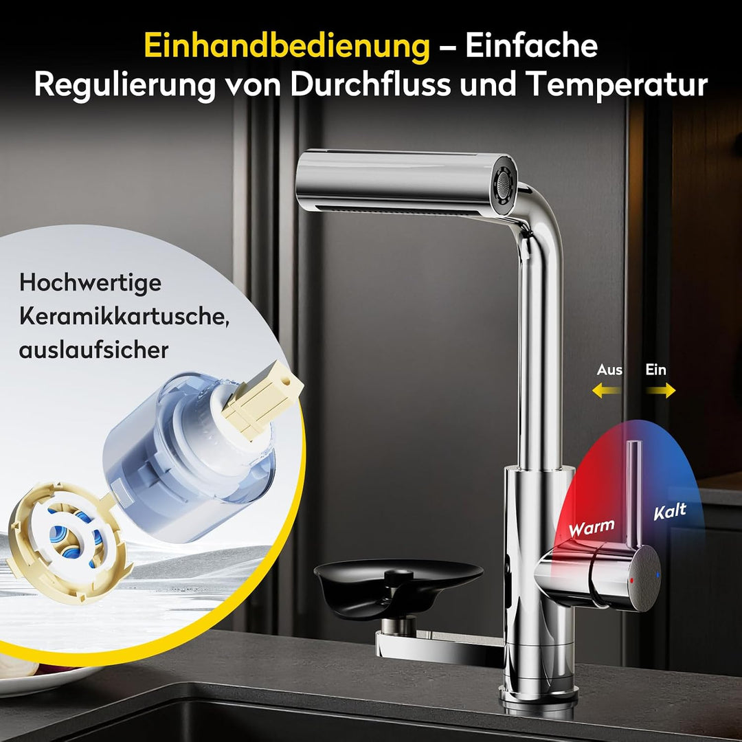 JONKEAN Hochdruck Küchenarmatur mit Brause, Armatur Küche mit Gläserspüler, 360° Drehbar Mischbatter