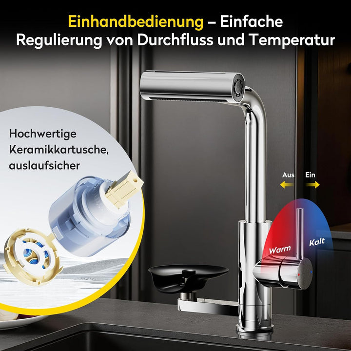 JONKEAN Hochdruck Küchenarmatur mit Brause, Armatur Küche mit Gläserspüler, 360° Drehbar Mischbatter