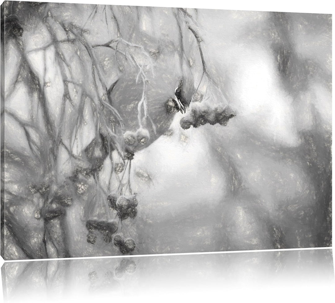 Pixxprint Kleiner Vogel im Vogelbeerbaum Kohle Zeichnung Effekt, Format: 100x70 auf Leinwand, XXL ri