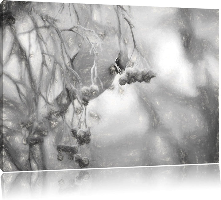 Pixxprint Kleiner Vogel im Vogelbeerbaum Kohle Zeichnung Effekt, Format: 100x70 auf Leinwand, XXL ri