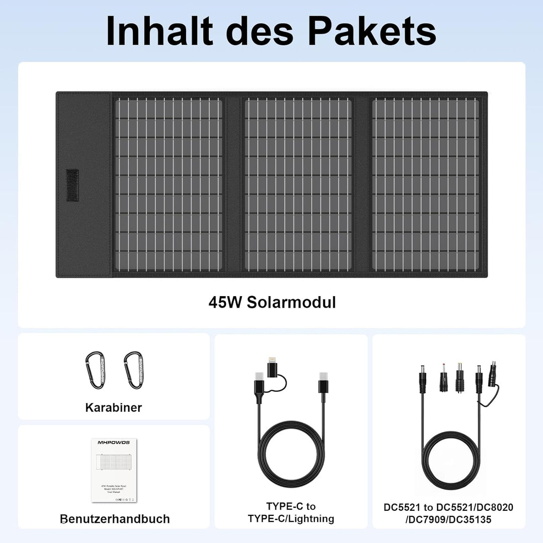 45W 18V Tragbares Solarpanel-Ladegerät mit USB-C, USB-A und DC-Ausgängen, IP67 Wasserdichte Faltbare