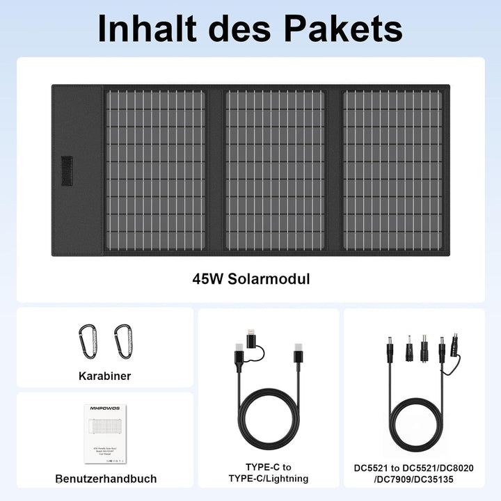 45W 18V Tragbares Solarpanel-Ladegerät mit USB-C, USB-A und DC-Ausgängen, IP67 Wasserdichte Faltbare