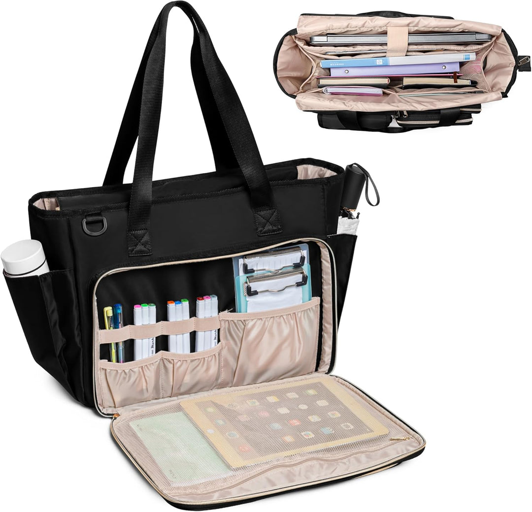 Fasrom Lehrertasche mit Laptopfach, Lehrer Arbeitstasche für Frauen, Schwarz, Schwarz