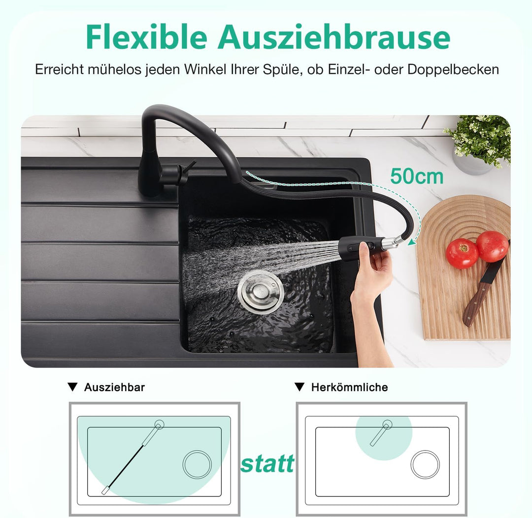 CREA 3 Wege Küchenarmatur mit Brause ausziehbar, Trinkwasserhahn Wasserhahn Armatur Küche, Mischbatt