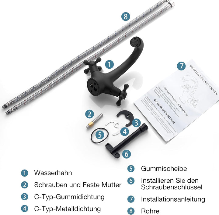 Wasserhahn Bad Schwarz, Waschtischarmatur Retro Zwei Griffe, Armaturen Bad Vintage, Waschtischarmatu