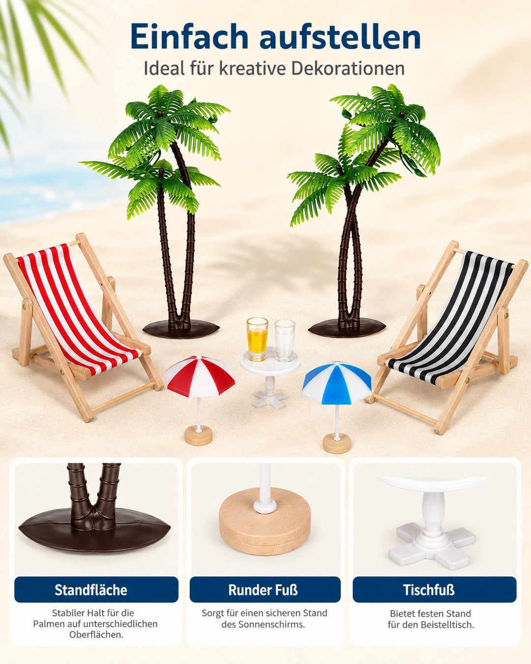 Hemobllo 9 Stück Miniatur Strand Deko Set, Mini Liegestuhl Palme Sonnenschirm Zubehör für DIY Sommer