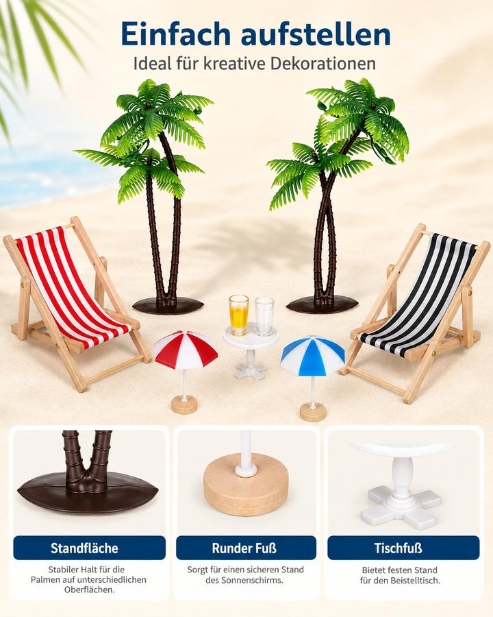 Hemobllo 9 Stück Miniatur Strand Deko Set, Mini Liegestuhl Palme Sonnenschirm Zubehör für DIY Sommer