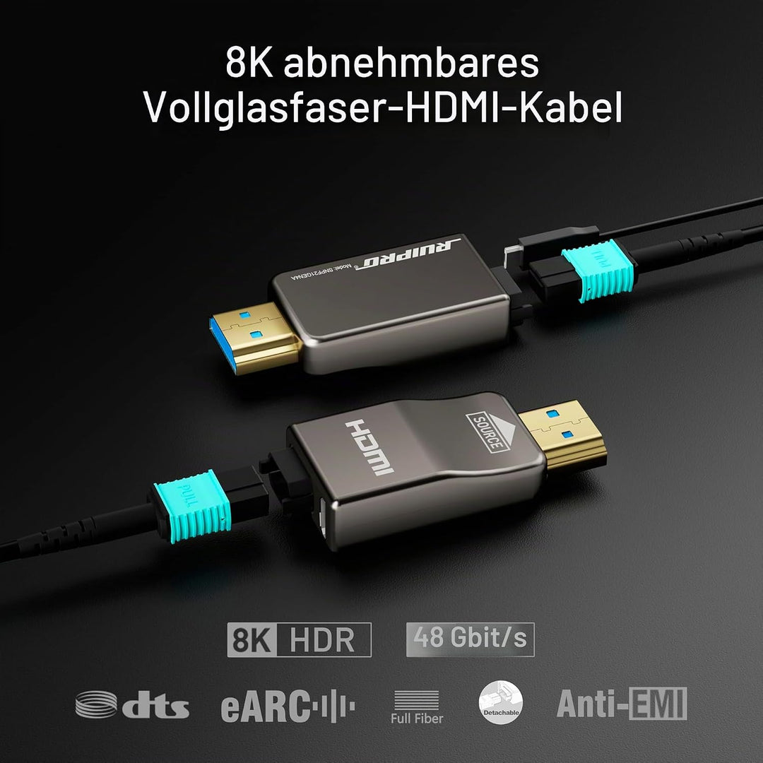 RUIPRO 8K HDMI 2.1 Kabel mit abnehmbarem Stecker aus reiner Glasfaser, 10 m, armiert, Ultra High Spe