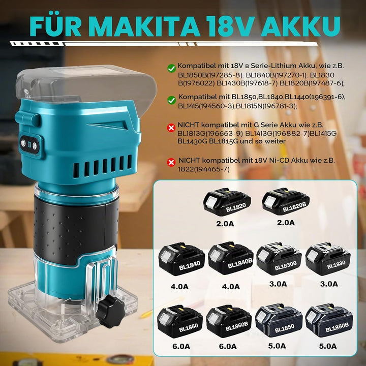 Kabelloser Oberfräse kompatibel mit Makita 18 V Akku, 850W, 30.000 U/min, bürstenloser Holzschneider