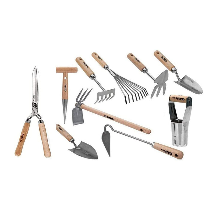 VITO - Set mit 10 Gartenwerkzeugen mit Holzgriff, Edelstahl und Schmiedeeisen, hochwertig