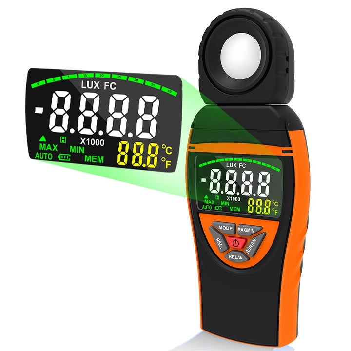 Digitales Luxmeter 0,1–400.000 Lux mit Farbdisplay & 270° drehbarem Sensor Photometer mit Temp, Date