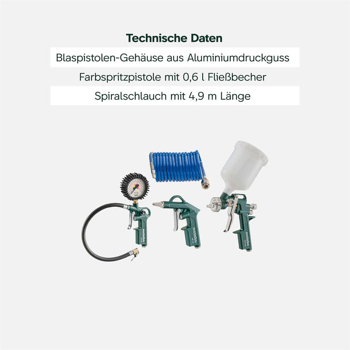Metabo Druckluft-Werkzeugset LPZ 4 Set – 601585000 – Mit mit Adapter und Ballhohlnadel