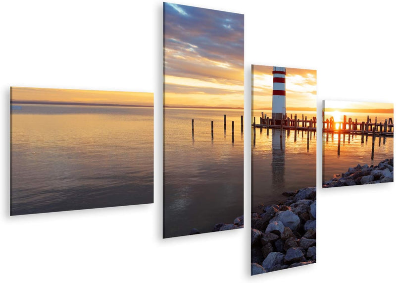 Bild Bilder auf Leinwand Sonnenuntergang am Meer mit Leuchtturm Wandbild Poster Leinwandbild RDA 150