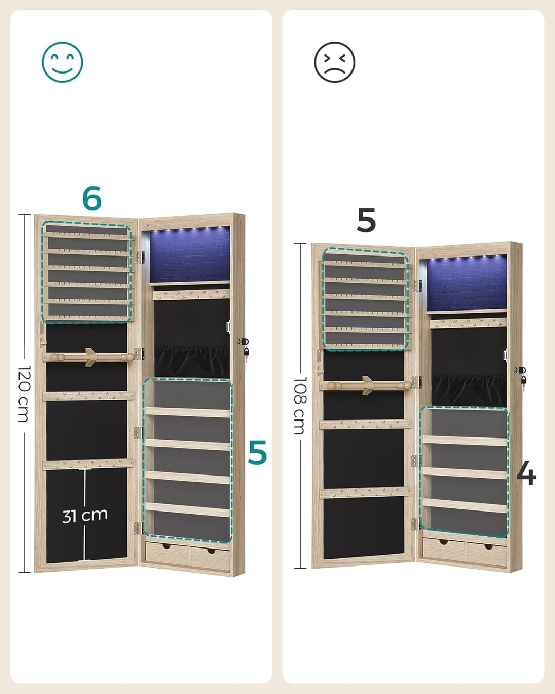 SONGMICS Schmuckschrank, Wand-Aufbewahrungsmöbel für Halsketten, Ohrringe, Zubehörschrank, mit Spieg