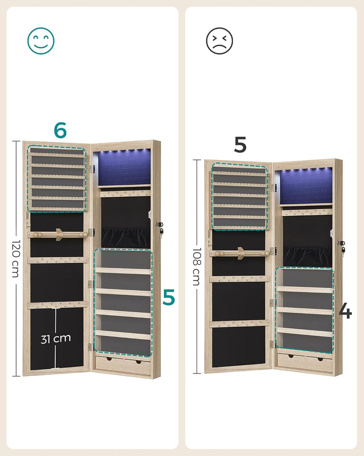 SONGMICS Schmuckschrank, Wand-Aufbewahrungsmöbel für Halsketten, Ohrringe, Zubehörschrank, mit Spieg